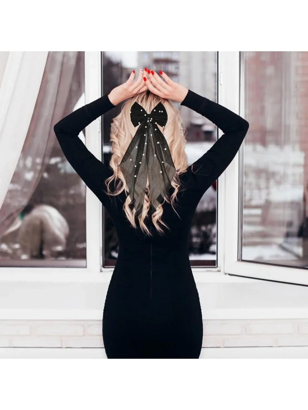 Women's Black Bridal Pearl Bridesmaid Barrette Hair SOLID Fantasy Bow Veil